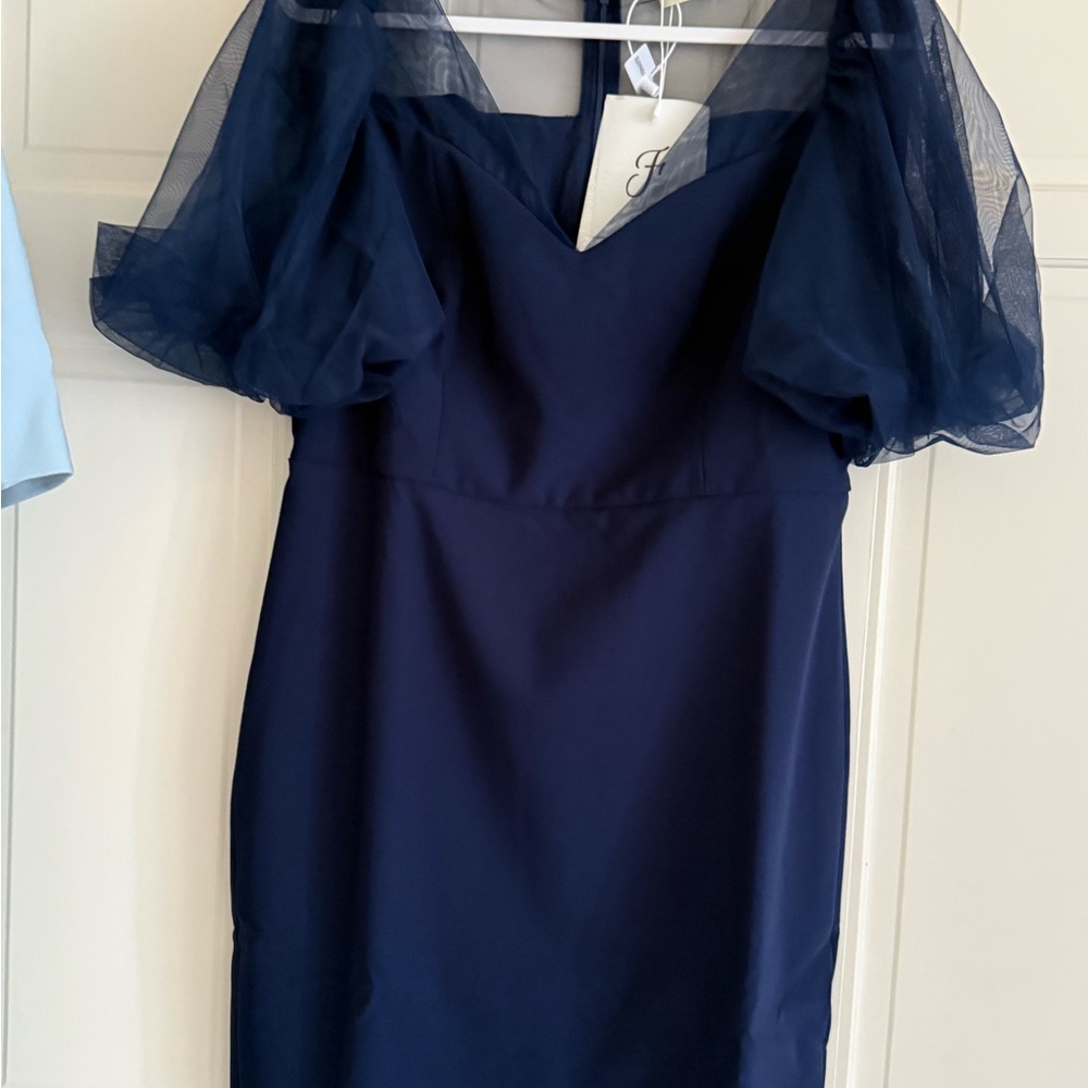 Elegant Navy Blue Dress with Sheer Sleeves